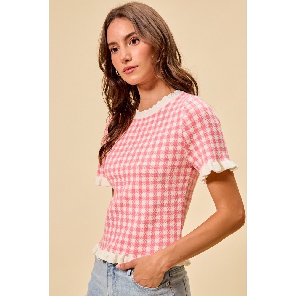 SO ME Gingham Knit Ruffled Short Sleeves Sweater Top - Pink - XL - Picture 10 of 12